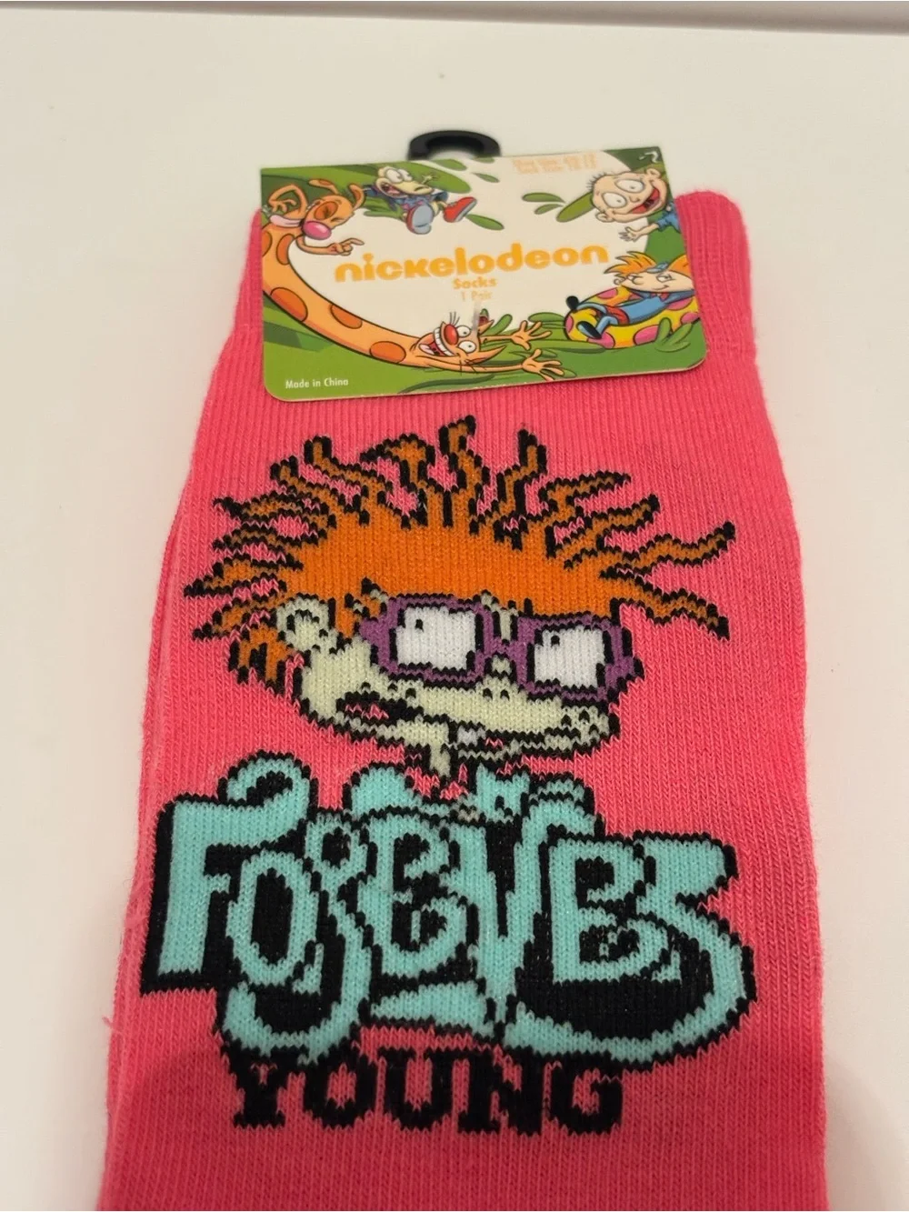 Nickelodeon Rugrats Chuckie Adult Shoe Size 6.5-12 Pink Graphic Crew Socks